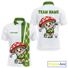 Load image into Gallery viewer, Funny Cartoon Mushroom Mens Golf Polo Shirt White Argyle Green Pattern Golf Shirt NHT890