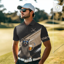 Load image into Gallery viewer, Funny Raccoon Golf Polo Shirt Custom Name Golf Beer Polo Gift For Men Black Beige Golf Jersey  NHT891