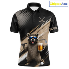 Load image into Gallery viewer, Funny Raccoon Golf Polo Shirt Custom Name Golf Beer Polo Gift For Men Black Beige Golf Jersey  NHT891