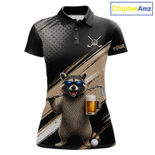 Load image into Gallery viewer, Funny Raccoon Golf Polo Shirt Custom Name Golf Beer Polo Gift For Men Black Beige Golf Jersey  NHT891
