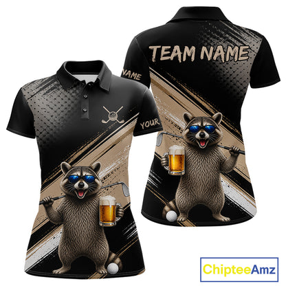 Funny Raccoon Golf Polo Shirt Custom Name Golf Beer Polo Gift For Women Black Beige Golf Jersey  NHT891