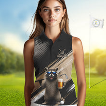 Load image into Gallery viewer, Funny Raccoon Golf Polo Shirt Custom Name Golf Beer Polo Gift For Women Black Beige Golf Jersey NHT891