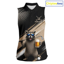 Load image into Gallery viewer, Funny Raccoon Golf Polo Shirt Custom Name Golf Beer Polo Gift For Women Black Beige Golf Jersey NHT891