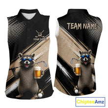 Load image into Gallery viewer, Funny Raccoon Golf Polo Shirt Custom Name Golf Beer Polo Gift For Women Black Beige Golf Jersey NHT891