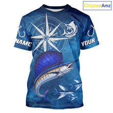 Load image into Gallery viewer, Sailfish Short Sleeve Fishing T-Shirts Gift For Men – Deep Sea Angler Ocean Compass Design
