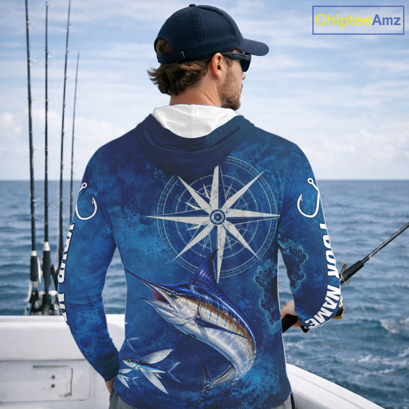 Marlin Fishing Shirt Long Sleeve Hooded Gift For Men – Deep Sea Angler Ocean Compass Design