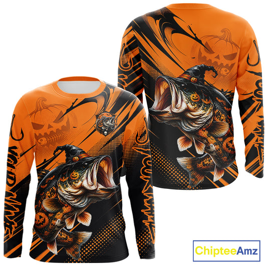 Halloween Bass Fishing Shirt, Largemouth Bass Long Sleeve Fishing Jersey, Custom Angler Gift NHT1354