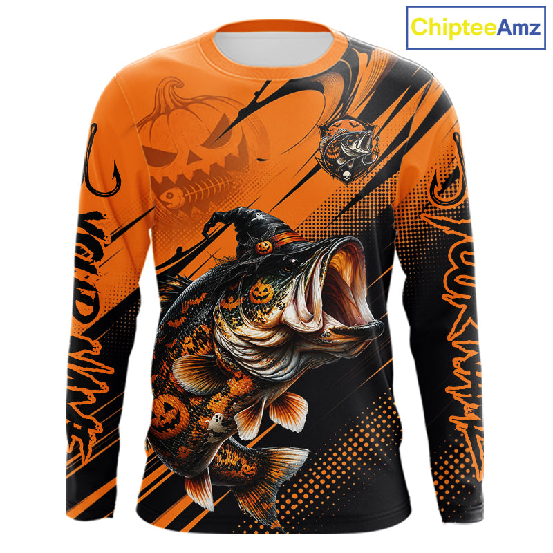 Halloween Bass Fishing Shirt, Largemouth Bass Long Sleeve Fishing Jersey, Custom Angler Gift NHT1354