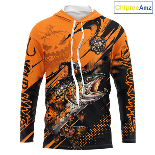 Halloween Salmon Fishing Shirt, Chinook Salmon Long Sleeve Hooded Fishing Jersey, Custom Angler Gift NHT1355