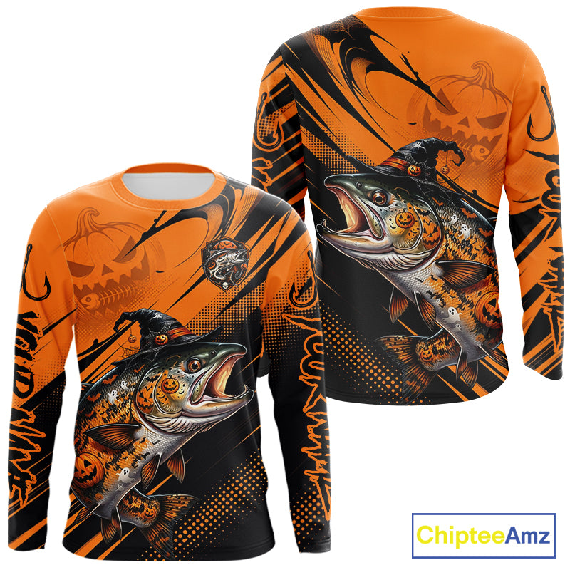 Halloween Salmon Fishing Shirt, Chinook Salmon Long Sleeve Fishing Jersey, Custom Angler Gift NHT1355