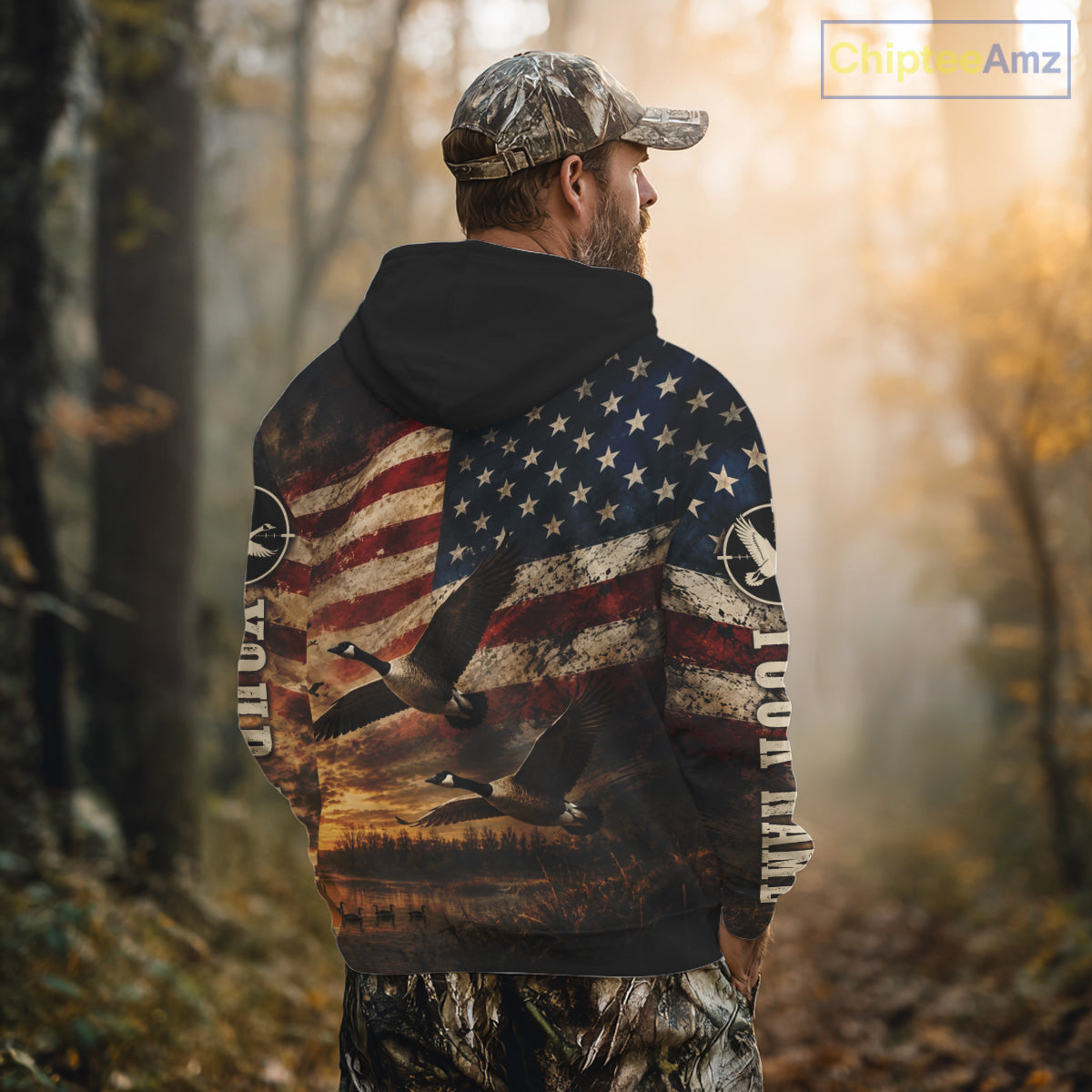 Goose Hunting Shirt American Flag Waterfowl Hunter Sunset Patriotic Hunting Gift NHT1360