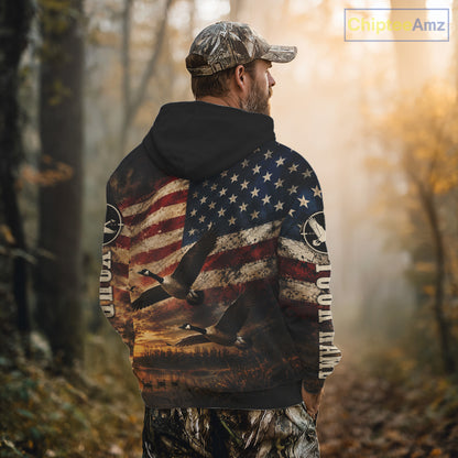 Goose Hunting Shirt American Flag Waterfowl Hunter Sunset Patriotic Hunting Gift NHT1360