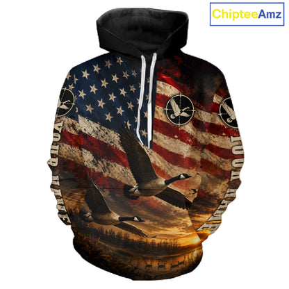 Goose Hunting Shirt American Flag Waterfowl Hunter Sunset Patriotic Hunting Gift NHT1360