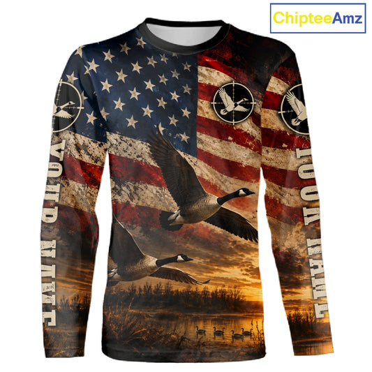 Goose Hunting Shirt American Flag Waterfowl Hunter Sunset Patriotic Hunting Gift NHT1360