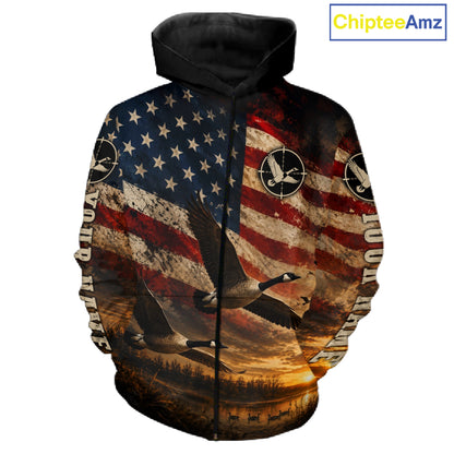 Goose Hunting Shirt American Flag Waterfowl Hunter Sunset Patriotic Hunting Gift NHT1360
