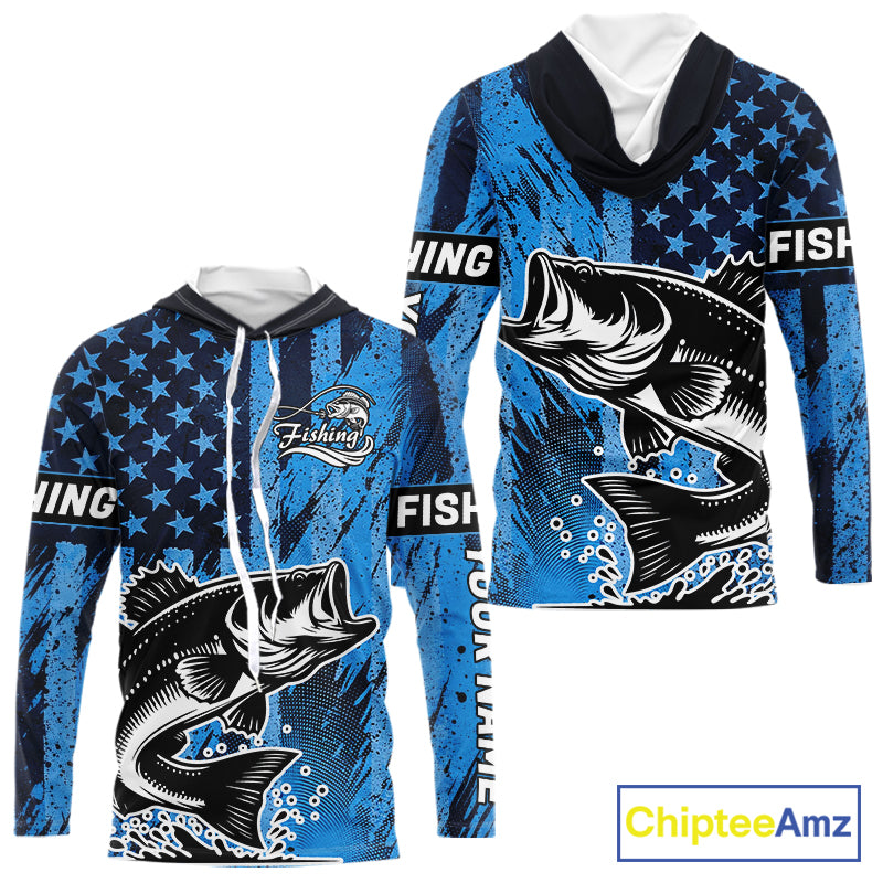 Bass Fishing American Camo Custom Name UV Protection Long Sleeves Hooded Shirt, Bass Fishing Jersey NHT530