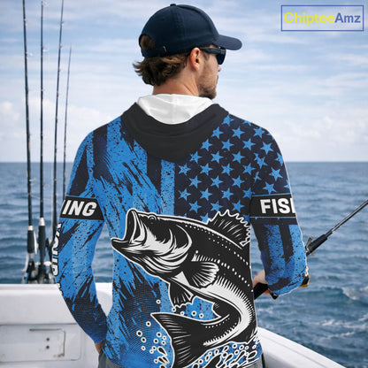 Bass Fishing American Camo Custom Name UV Protection Long Sleeves Hooded Shirt, Bass Fishing Jersey NHT530