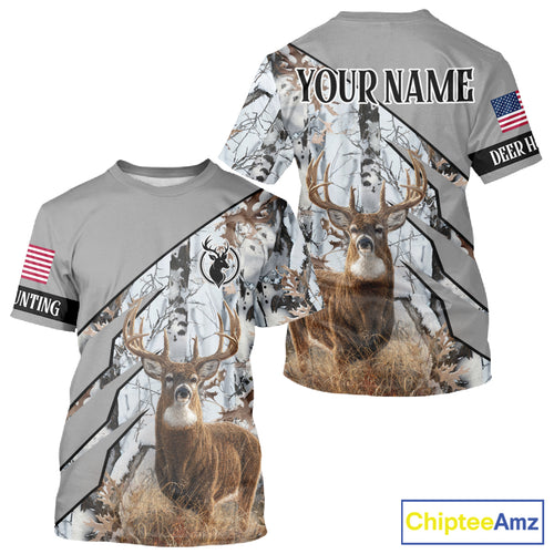Snowfall Deer Hunting 3D All Over Print Winter Camo Shirt Custom Name For Big Game Hunters NHT214