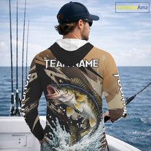 Load image into Gallery viewer, Brown Camo Walleye Fishing Shirts Long Sleeve Hooded, Custom Walleye Performance Fishing Apparel NHT459