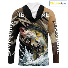 Load image into Gallery viewer, Brown Camo Walleye Fishing Shirts Long Sleeve Hooded, Custom Walleye Performance Fishing Apparel NHT459