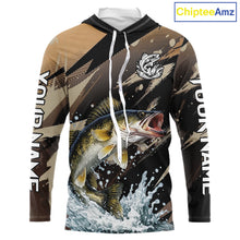 Load image into Gallery viewer, Brown Camo Walleye Fishing Shirts Long Sleeve Hooded, Custom Walleye Performance Fishing Apparel NHT459