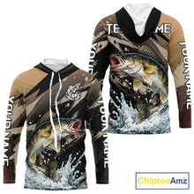 Load image into Gallery viewer, Brown Camo Walleye Fishing Shirts Long Sleeve Hooded, Custom Walleye Performance Fishing Apparel NHT459