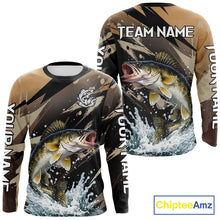 Load image into Gallery viewer, Brown Camo Walleye Fishing Shirts Long Sleeve, Custom Walleye Performance Fishing Apparel NHT459