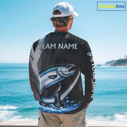 Personalized Black Camo Chinook Salmon Fishing Jerseys, Salmon Long Sleeve Fishing Shirts NHT463