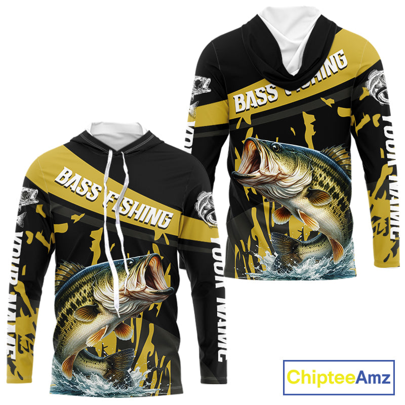 Custom Largemouth Bass Fishing Jerseys, Largemouth Bass Hooded Fishing Shirts Long Sleeve For Men|Yellow NHT728
