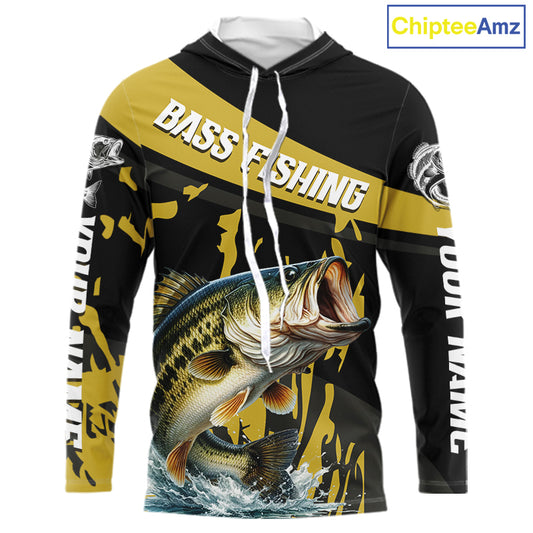 Custom Largemouth Bass Fishing Jerseys, Largemouth Bass Hooded Fishing Shirts Long Sleeve For Men|Yellow NHT728