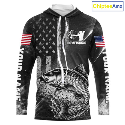 American Flag Bowfishing Shirt With Carp Design, Fishing Shirts Hooded Long Sleeve For Men NHT1369