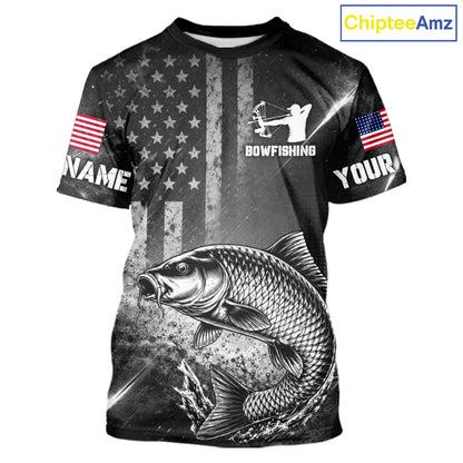 American Flag Bowfishing Shirt With Alligator Gar Design, Fishing Shirts Short Sleeve For Men NHT1370