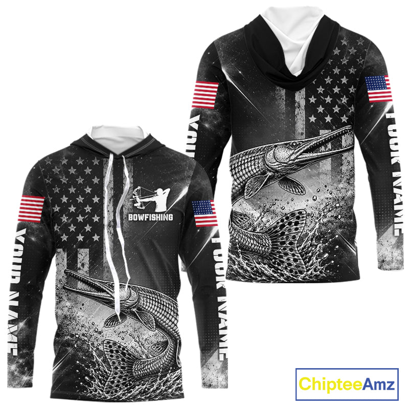 American Flag Bowfishing Shirt With Alligator Gar Design, Fishing Shirts Hooded Long Sleeve For Men NHT1370