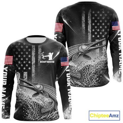 American Flag Bowfishing Shirt With Alligator Gar Design, Fishing Shirts Long Sleeve For Men NHT1370