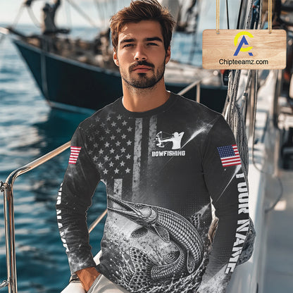 American Flag Bowfishing Shirt With Alligator Gar Design, Fishing Shirts Long Sleeve For Men NHT1370