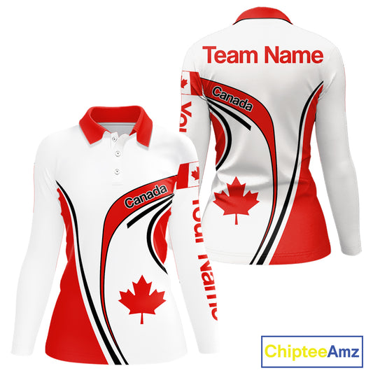 Personalized White And Red Canada Flag Womens Golf Polo Shirt, Patriotic Gifts For Golf Lover  NHT735