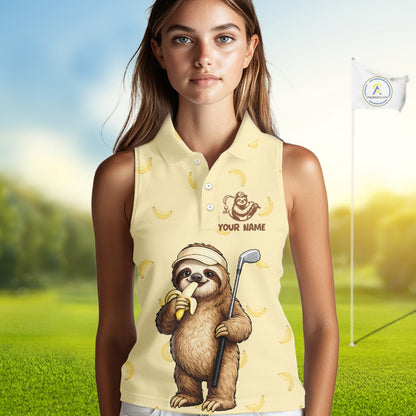Funny Sloth Banana Womens Sleeveless Golf Polo Shirt Custom Golf Jerseys, Golf Apparel Gift For Golf Lovers NHT907