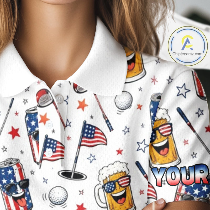 Custom Patriotic Womens Golf Polo Shirt With Beer Print – Personalized USA Golf Team Polo 