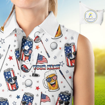 Custom Patriotic Womens Sleeveless Golf Polo Shirt With Beer Print – Personalized USA Golf Team Polo 
