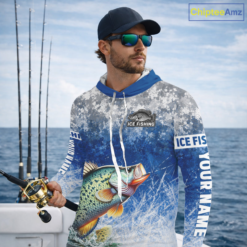 Ice Fishing Shirt With Crappie & Winter Camo Design, Fishing Shirts Hooded Long Sleeve For Men NHT1374