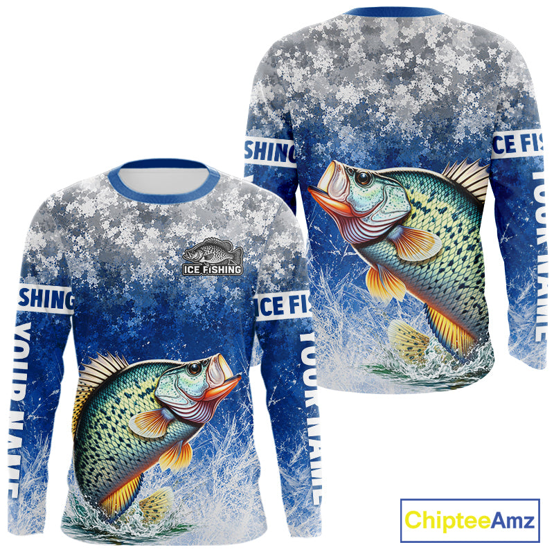Ice Fishing Shirt With Crappie & Winter Camo Design, Fishing Shirts Long Sleeve For Men NHT1374