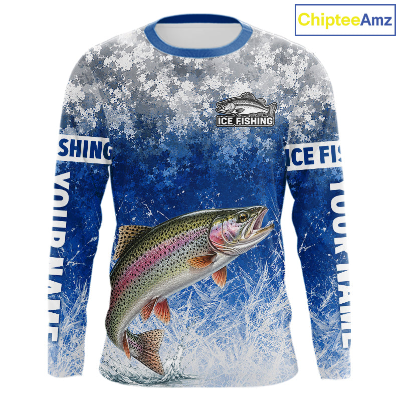 Ice Fishing Shirt With Rainbow Trout & Winter Camo Design, Fishing Shirt Long Sleeve For Men NHT1375