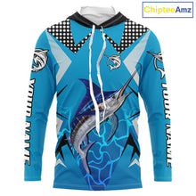 Load image into Gallery viewer, Marlin Fishing Blue Camo Custom Name Long Sleeve, Long Sleeve Fishing Shirt For Men NHT465