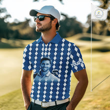 Load image into Gallery viewer, Mens Golf Polo Shirt Custom Photo Face Blue Argyle Plaid Pattern, Father's Day Golfing Gifts NHT742