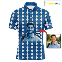 Load image into Gallery viewer, Mens Golf Polo Shirt Custom Photo Face Blue Argyle Plaid Pattern, Father's Day Golfing Gifts NHT742