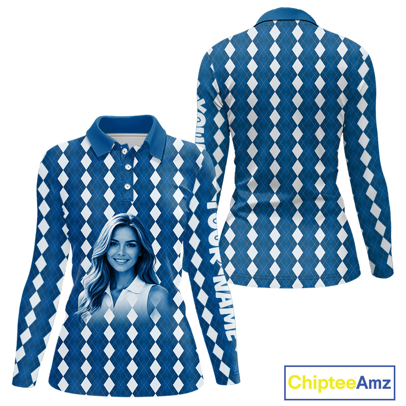 Womens Golf Polo Shirt Custom Photo Face Blue Argyle Plaid Pattern, Mother's Day Golfing Gifts NHT742