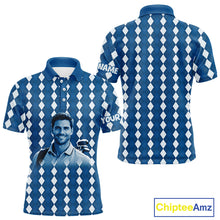 Load image into Gallery viewer, Mens Golf Polo Shirt Custom Photo Face Blue Argyle Plaid Pattern, Father's Day Golfing Gifts NHT742