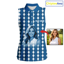Load image into Gallery viewer, Sleeveless Womens Golf Polo Shirt Custom Photo Face Blue Argyle Plaid Pattern, Mother's Day Golfing Gifts NHT742
