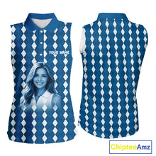 Load image into Gallery viewer, Sleeveless Womens Golf Polo Shirt Custom Photo Face Blue Argyle Plaid Pattern, Mother's Day Golfing Gifts NHT742