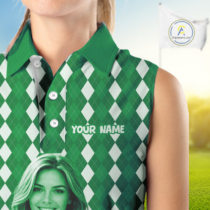 Sleeveless Womens Golf Polo Shirt Custom Photo Face Green Argyle Plaid Pattern, Mother's Day Golfing Gifts NHT743